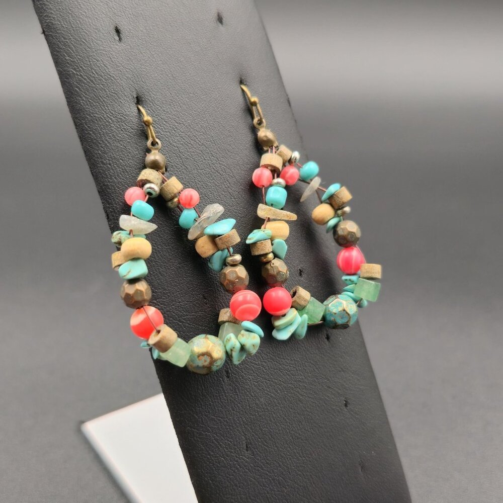 Copper Turquoise Wood Howlite Stones Dangle Earrings B827 - Picture 2 of 5